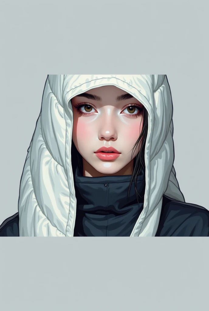 closeup professional photograph of a young woman wrapped in a colorful warm quilt, cel shading, bold outlines, flat colors, sharp shadows, graphic style, (manga influence:1.3), clean linework, striking visuals,comic