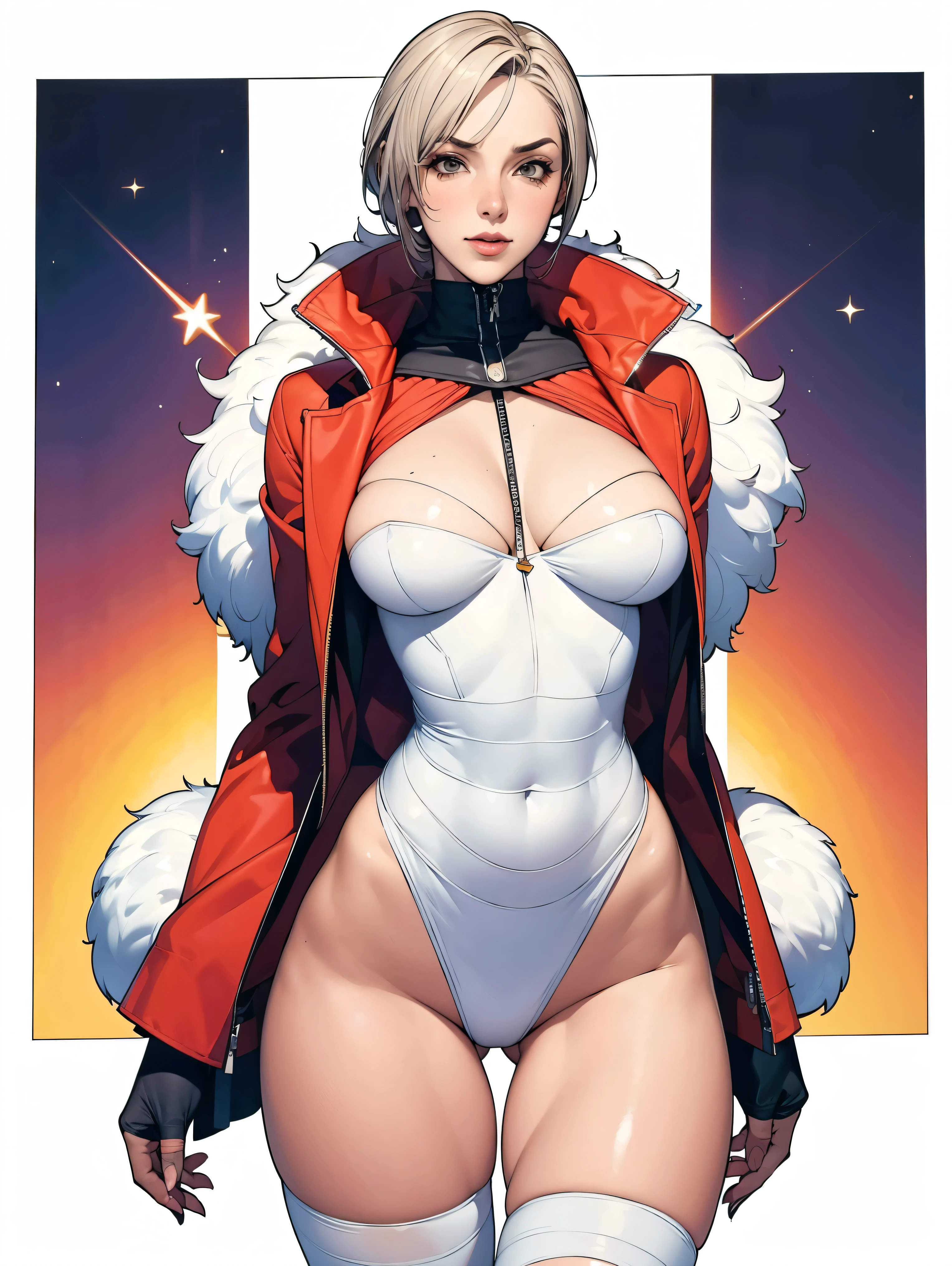 (((Annie Lennox))), (((colorful suit))), (scars), (((bandaged arms))), (((colorful clothes))) (( hood)), (((best quality: 1.4))), (Unbeatable masterpiece), (hyper HD),(CG 8k hyper-realistic), beautiful face, (((breasts big))), (((hyper feminine))), sexly girl, ((round face)), black tattoo,(ultra short red hair with white highlights)), ((( sculptural body ))), (((1 Kizi))), Kizi tatuada de 25 anos com perfect body, perfect hands, perfect fingers ,Beautiful and well-groomed face, (round face), muscular body:1.2,solid color detailed jacket, (Head to thigh photos), Complex equipment, ,Tight clothes,With white stars and off-white stripes,,,,,Armor Metal Electronic Parts, Poison tattoos ) INFO, Kizi, (((standing alone))), , 24歳, sexy, pose de attitude, work of art, dancing, ((slight smile)), post-apocalypse, (((manga style))), bounty hunter, the way you want, perfect body, roupa moderna, advanced technology, white, yellow accent, black, red accent, fur collar jacket, sleeves with vertical striped pattern, background city, (( cowboy shot )). intricate visual, narrow waist, (((wide hips))), wide hips, fit thighs, (((thigh gap))), Thigh gap, background shows a futuristic airplane, open expression, expression happy