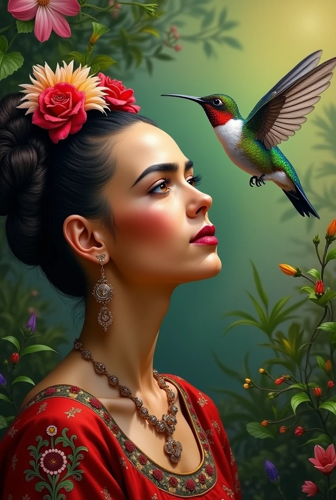 Frida Kahlo realistic looking at hummingbirds