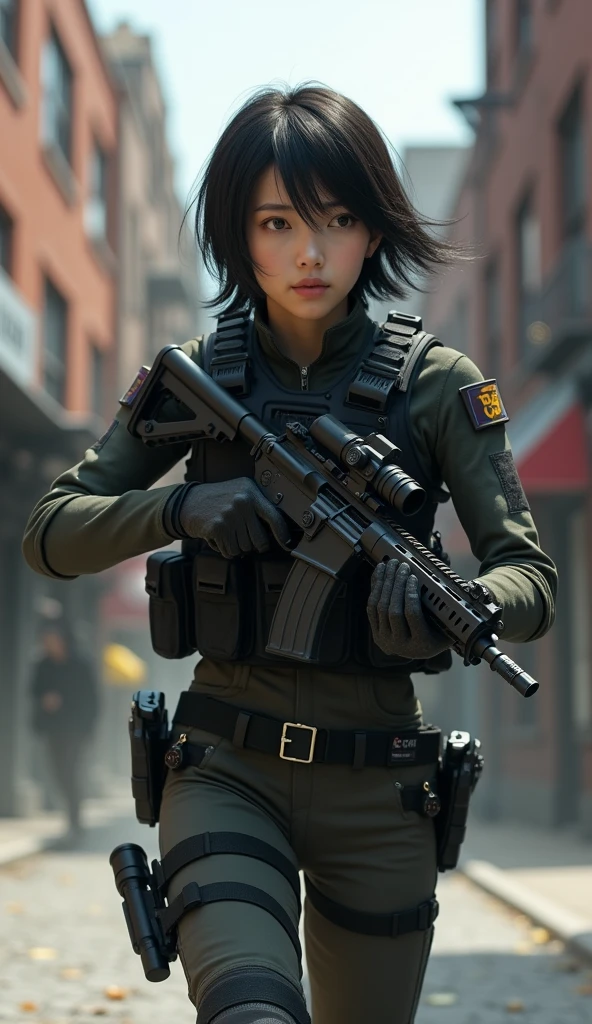 8K,Realistic Photo、Realistic Skin Texture、Superrealism、Japanese woman in LA SWAT、Operation、In a mid-sized American city、old buildings、sparks、Burst smoke、Brick、Comes with accurate and detailed black gear、Automatic rifle、Run、Bulletproof vest、Accessories such as watches、Short Hair、Dynamic pose
