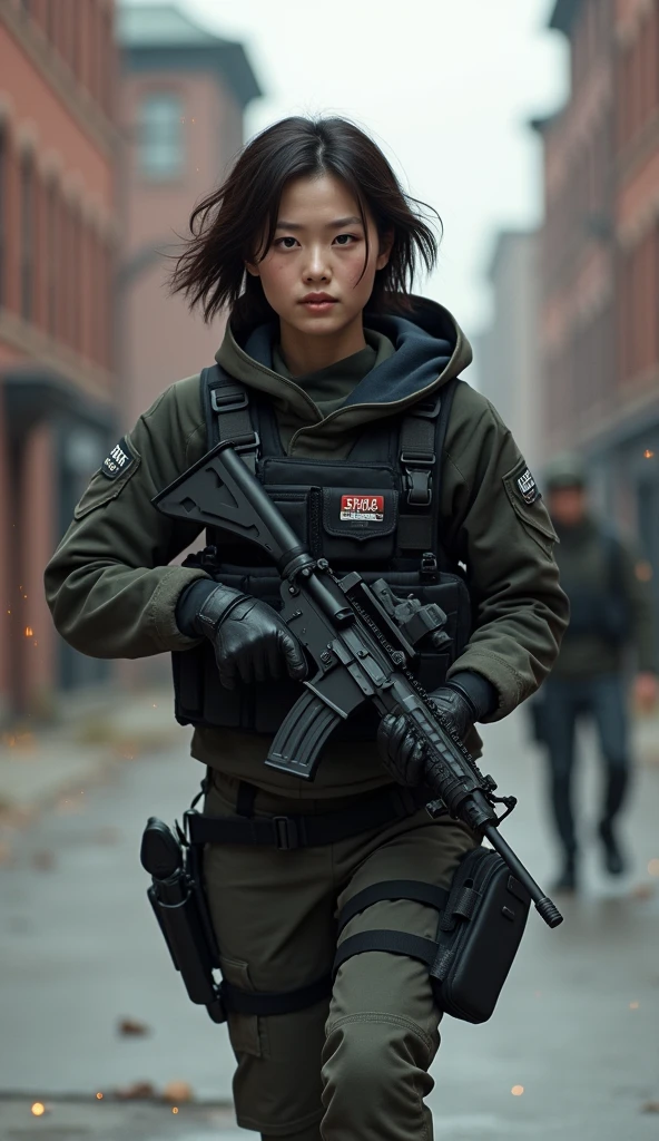 8K,Realistic Photo、Realistic Skin Texture、Superrealism、Japanese woman in LA SWAT、Operation、In a mid-sized American city、old buildings、sparks、Burst smoke、Brick、Comes with accurate and detailed black gear、Automatic rifle、Run、Bulletproof vest、Accessories such as watches、Short Hair、Dynamic pose