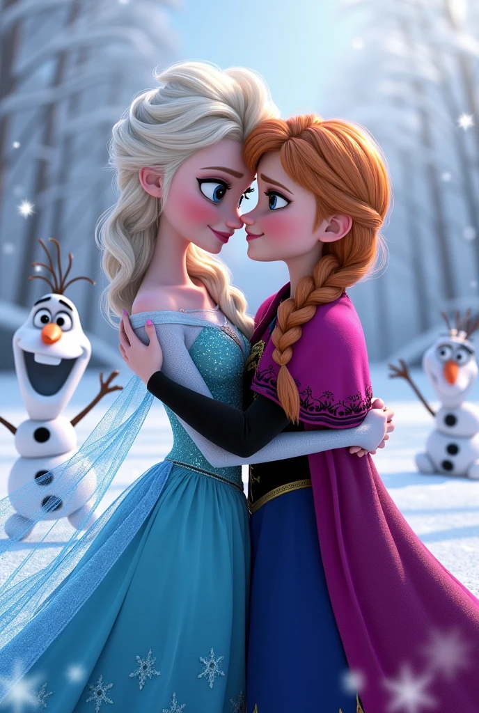 Elsa from Frozen hugging her sister Anna and Olaf dancing on transparent background
