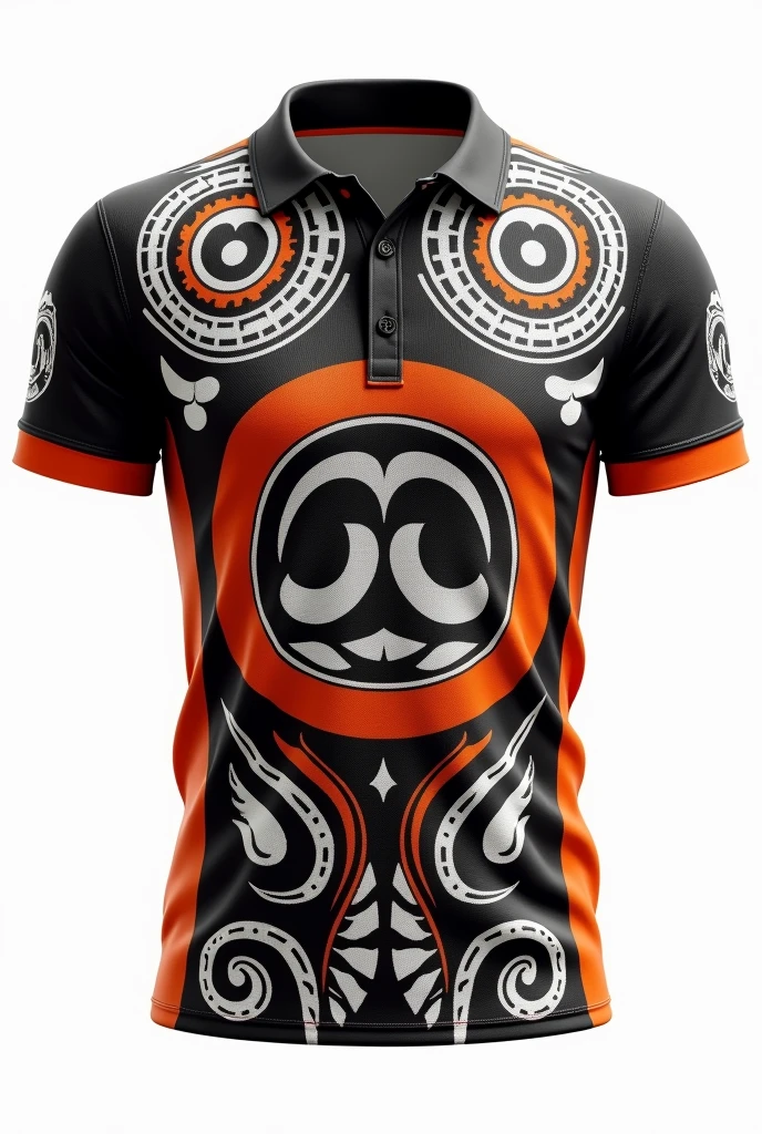 Create rugby jersey maori  tribe full  pattern black white red  retro black  orange / black collar white background front and back design side by two side  clear design using this design but back side
