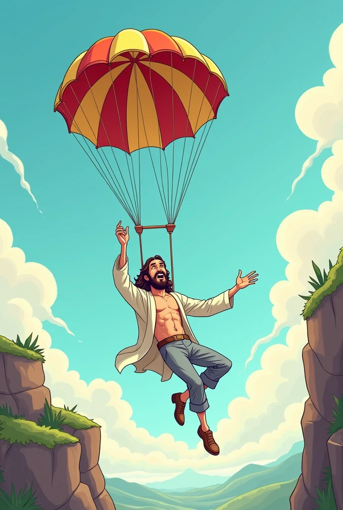 Cartoon Man falling from heights and Jesus extending his hand with a parachute trying to give it to the man, but man ignores Jesus' help.