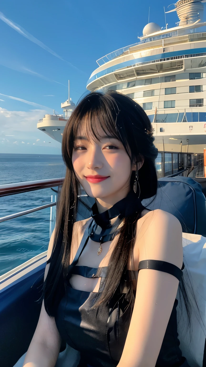 8k、masterpiece、Best image quality、Very detailed、Perfect body、Large Breasts、Skin glows、close your eyes、Smile、scenery、Cloudy、luxury passenger ship