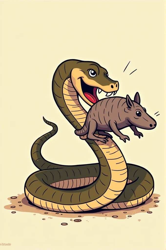 Draw a Monica's Gang style drawing of a snake with an armadillo in its mouth