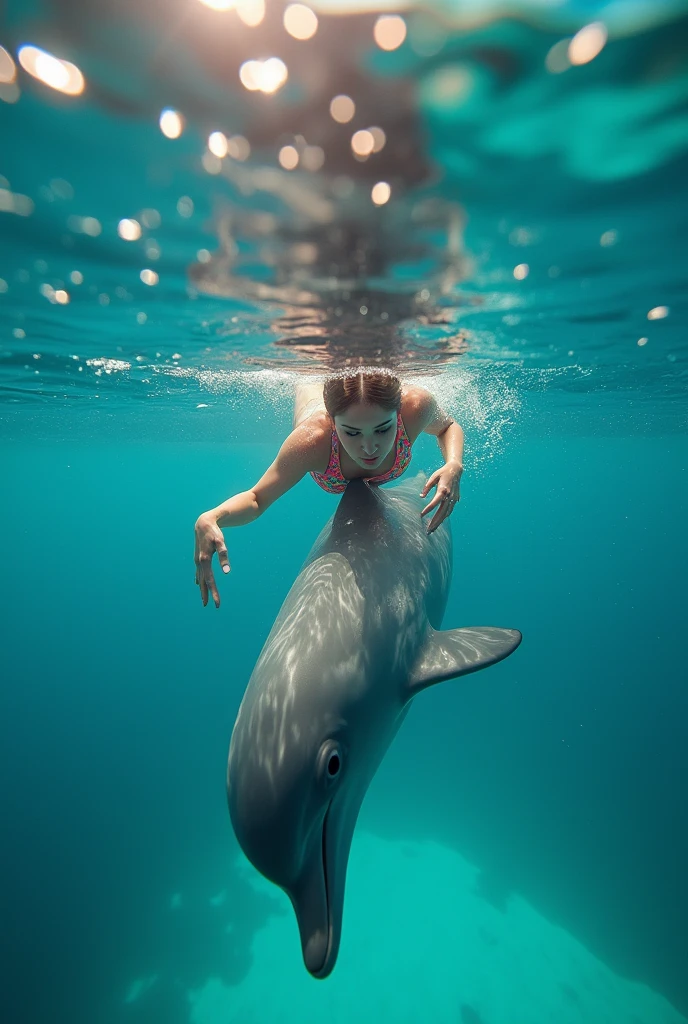 tall, slim woman swimming underwater, playing with dolphins in the ocean