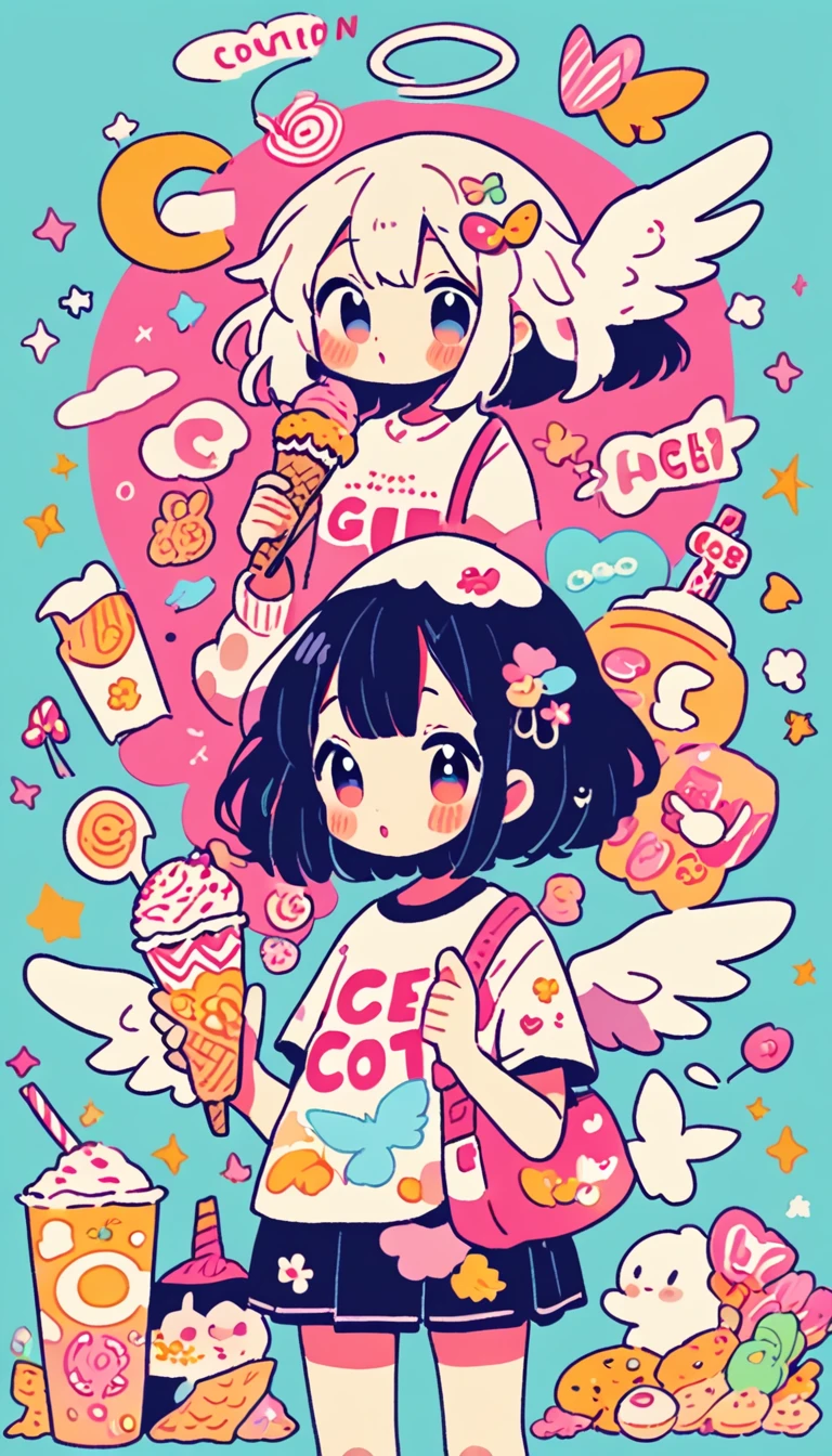 masterpiece, 8k, 4k, anime girl with angel wings holding a candy in her hand, decoration inspired illustrations, dreamy psychedelic anime, inspired by Hikari Shimoda, Ice Cream, eating ice cream, by Hikari Shimoda, anime aesthetic, Eating Ice Cream, cute art style, made of cotton candy, lofi girl, anime style illustration, anime vibes, animated illustration, soft animated illustration
