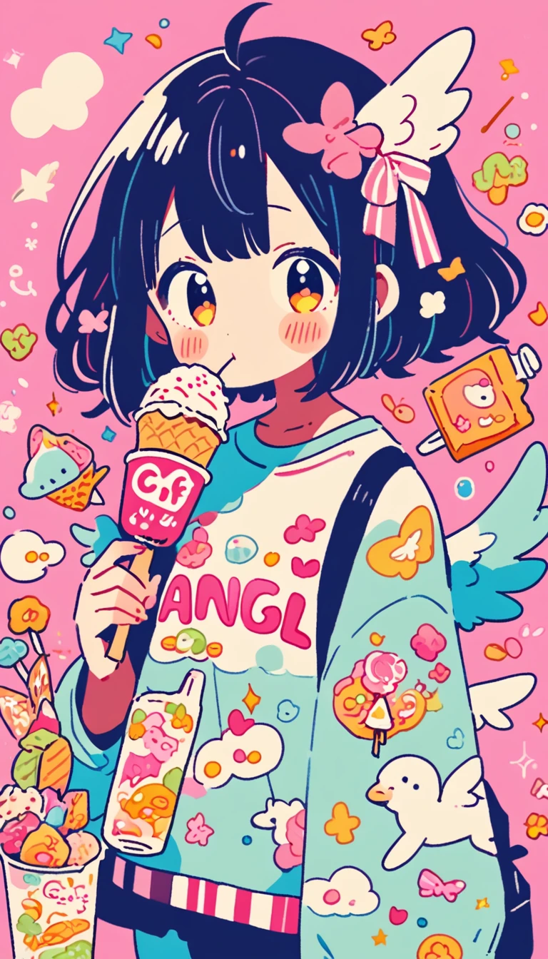 masterpiece, 8k, 4k, anime girl with angel wings holding a candy in her hand, decoration inspired illustrations, dreamy psychedelic anime, inspired by Hikari Shimoda, Ice Cream, eating ice cream, by Hikari Shimoda, anime aesthetic, Eating Ice Cream, cute art style, made of cotton candy, lofi girl, anime style illustration, anime vibes, animated illustration, soft animated illustration