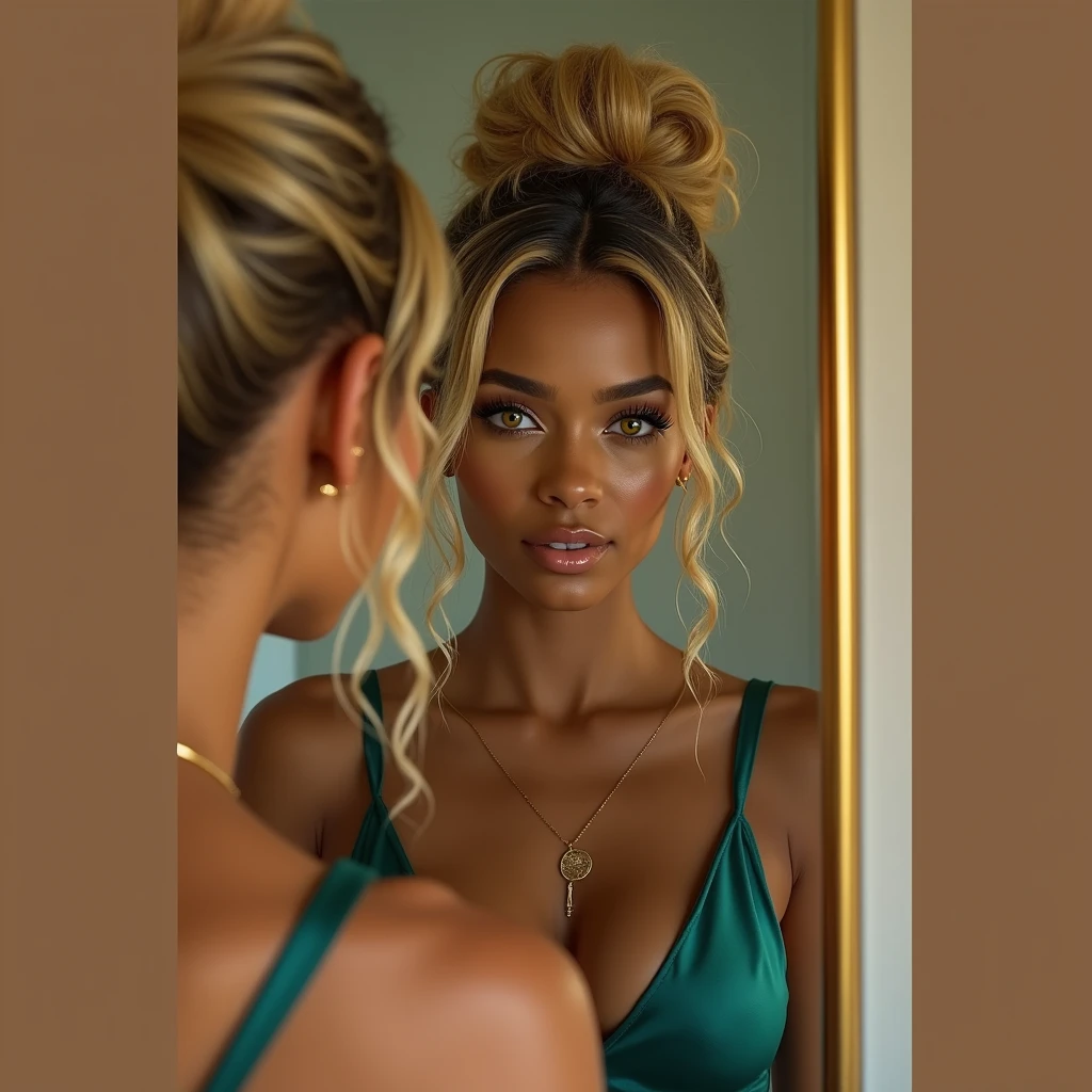 Smile, Toffee color skin, beautiful toffee mixed woman with long blond curly hair and extremely detailled clear yellow eyes, She prepares herself in front of the mirror, middle body, she ties her hair in a bun with a lock on the front, she is radiant, she wears an green and blue mixed sexy top, She is facing her mirror in her luxurious bathroom