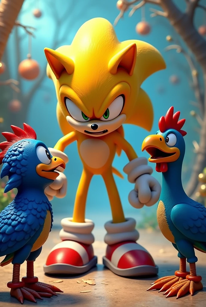 Yellow Sonic angry with the parrot and blue chicken 

