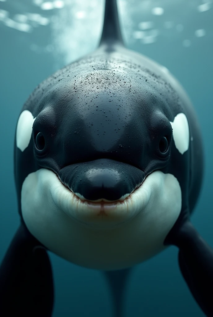 A close-up of a killer whale's face looking at the camera