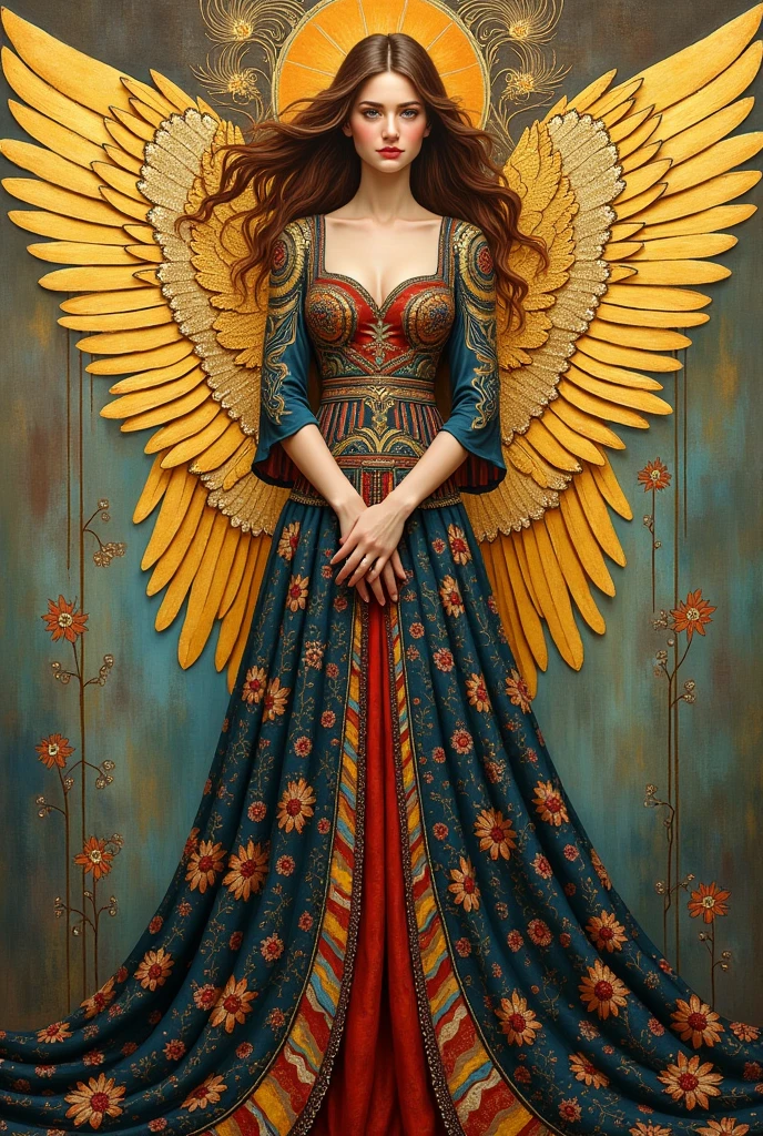 nordic woman (normas) with colorful dress with golden wings painting Gustav klimt