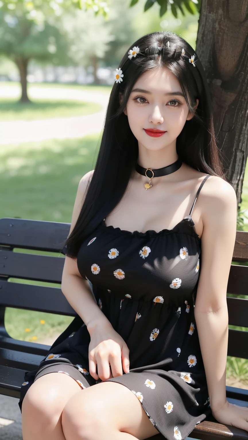 woman((20 year old)), hair((black, long, straight)), eyes ((black eyes, big eyes)), clothes ((sundress, daisy pattern, black)) accessories ((dog collar, love shape hairclip)), big breast, gigantic breast, holly breast, red lips, pregnant belly, wide smile, happy face, sitting on bench, park, park trees, summer, sunlight