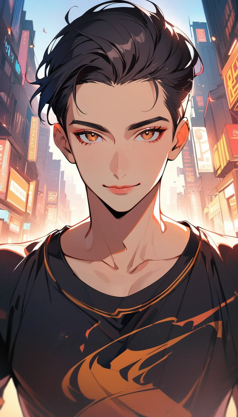 1man, solo, crew cut, 1, black hair, wear shirt, brown eyes, smile, looking at viewer, light lips, upper body, closed mouth,1