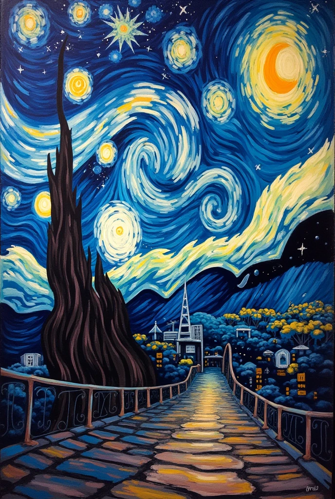 You can combine Van Gogh's style with a mathematical and astronomical tone.