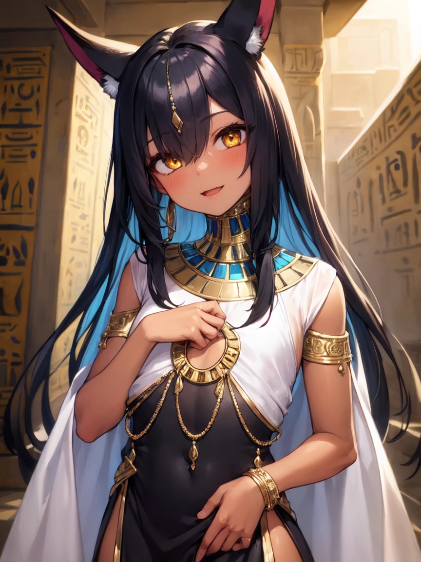 (SLE, mksks style, detailed background:1.1), (solo:1.3), (sfw), girl, dark skin, ornate egyptian dress, long hair, black hair, beautiful hair, hair over eye, yellow_eyes, happy, portait, head tilt, volumetric lighting, (outdoor:1.3), egyptian house, colorful, flat chest, female anubis, egyptian clothes, egyptian mythology, see-through (white silk), , lewd outfit, young, (young girl), child, (very young girl), small girl,