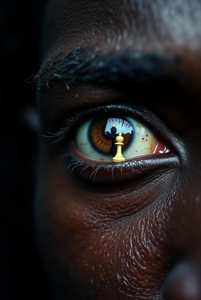 a cover for my slavery book a close up of a weary Negro slave&#39;s expressionless eye, inside the eye the reflection of two chess pieces: a standing black king and a fallen white king on a black background 