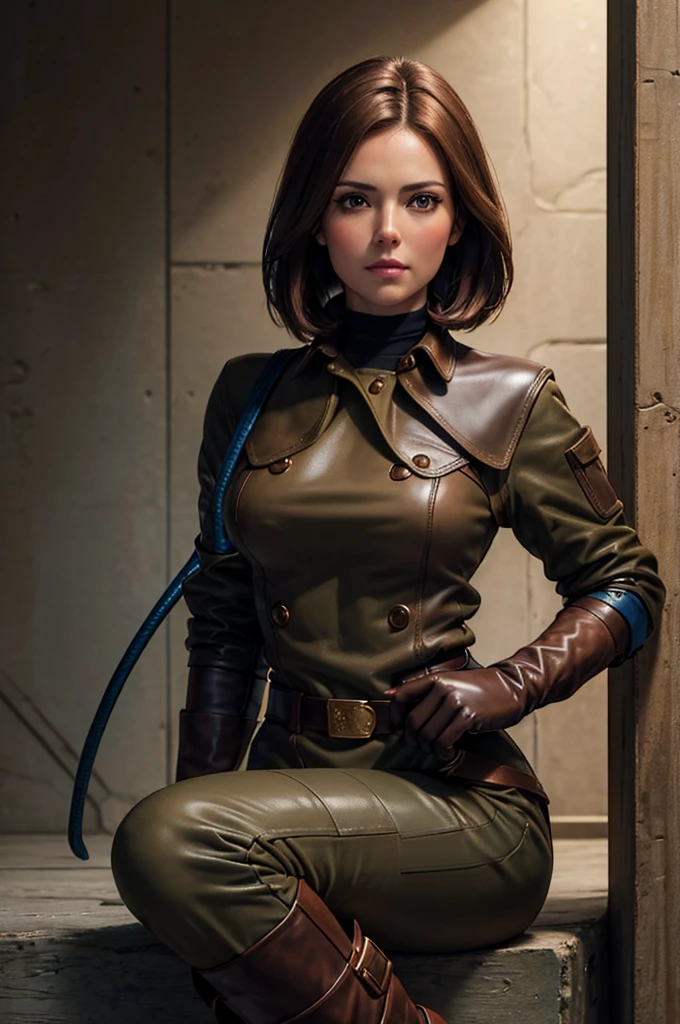(Best image quality, highest quality, Highest Resolution, Ultra-Realistic Images, Very detailed, masterpiece, 8k), One Woman, Brown medium hair, Khaki military uniform, Leather gloves, Leather boots, ((With a blue whip)), big Breasts, blush, serious look, Dynamic pose, Browsing Caution, half body, perfect face