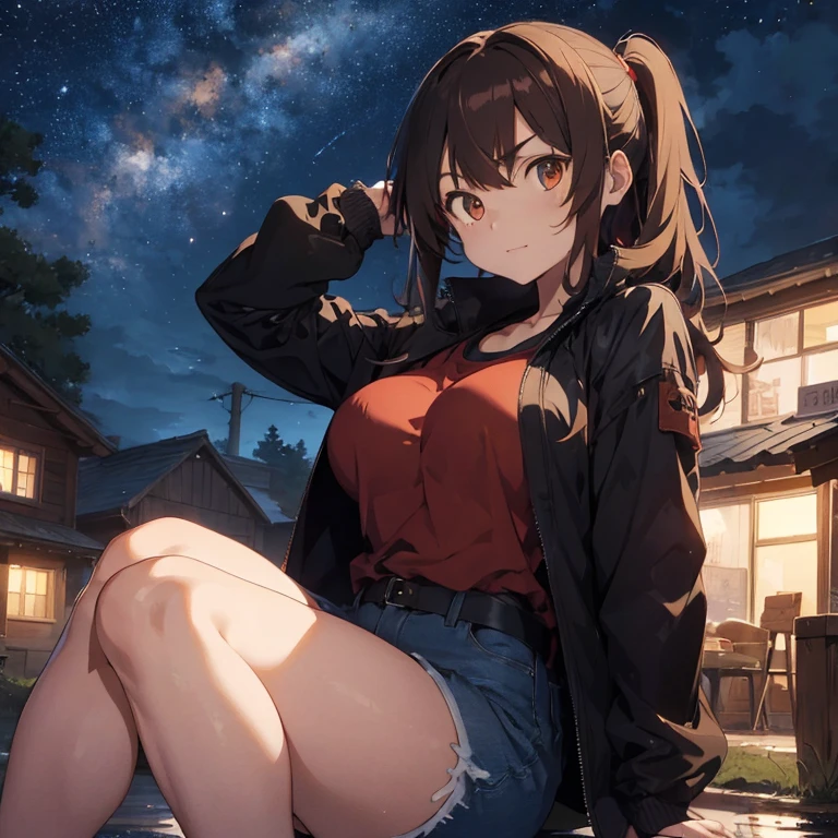 1 female, brown long messy anime hair, huge breast, thick legs, brown eyes, thick eyebrows, black jacket, red t-shirt, jeans, night sky, outside