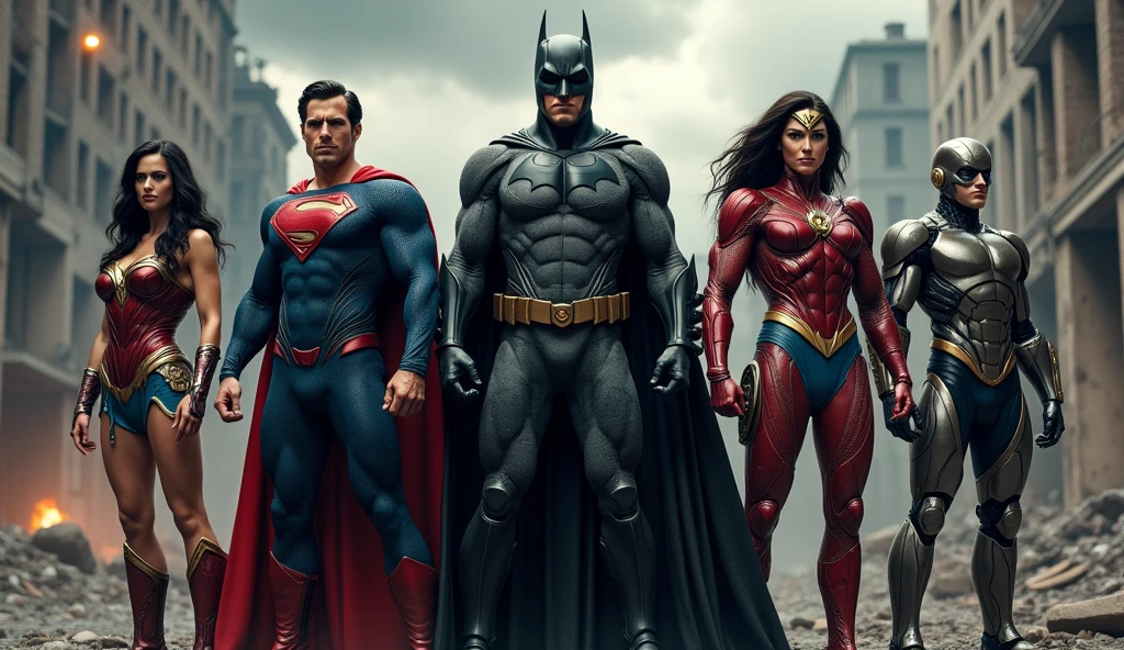 Justice League: Super-Man, Bat-Man, Wonder Woman, The Flash & Cyborg. Realistic and detailed.