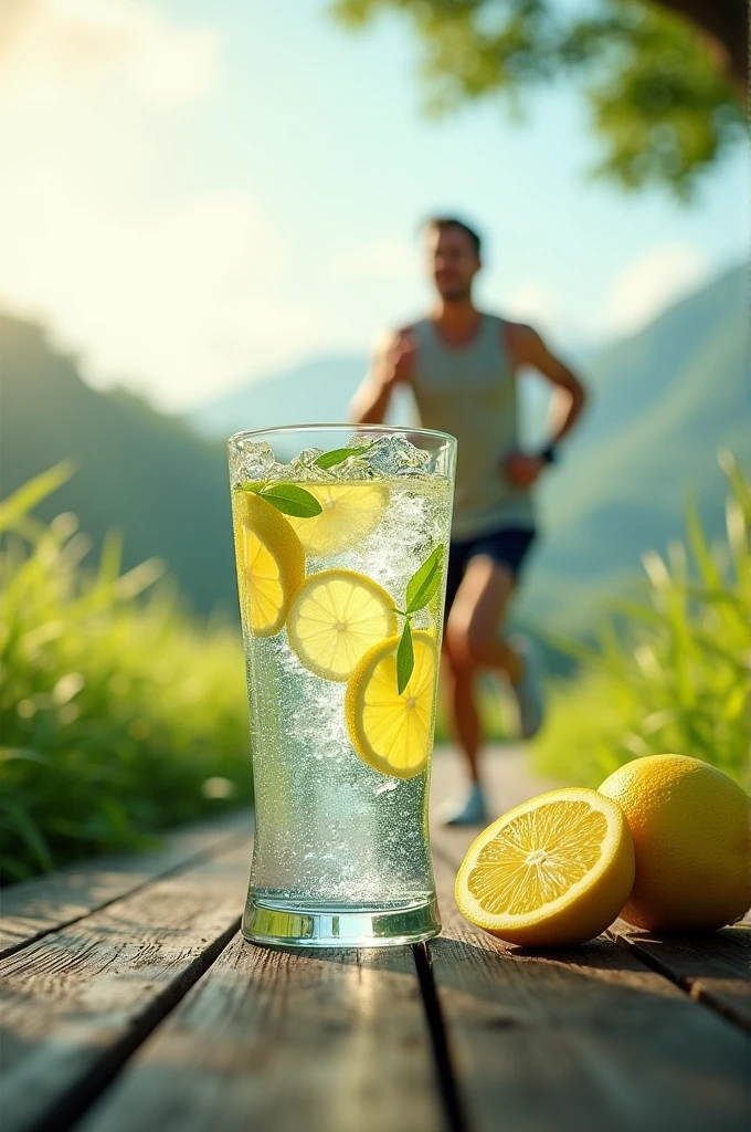 imageio: A glass of water with lemon and a person running outdoors.