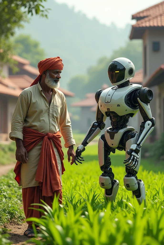 A man with robot in farming  indian culture
