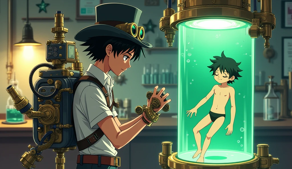 A male teenager is dressed in Steampunk style clothing. He is also wearing a top hat and steampunk glasses. He is using an invention of his which are four metal hands that are coming out of his back. He is in his laboratory and on his right side there is a huge cylinder with a green liquid and a male teenager inside this tank is asleep. He is only wearing swimming trunks. The image has to be in anime.