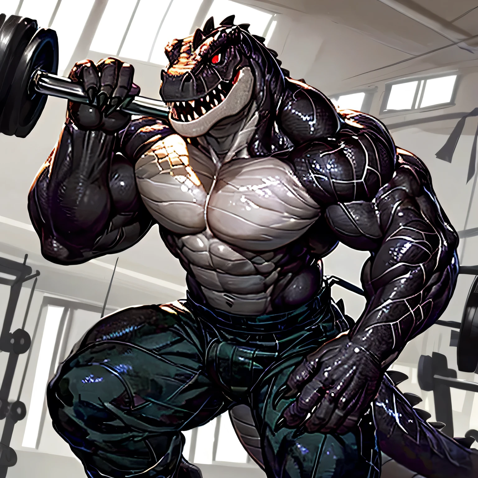 solo, anthro, male, T-Rex, ((Ultra detailed muscles)), (T-Rex print), black scales, white belly, short spiny scales, Front Double Biceps Pose, bodyguard outfit, black claws, red eyes, slit eyes, slim fit, muscular slim, gym , menacing, sexy, handsome, detailed red slit eyes, pecs, tail, hind leg, looking forward, (Masterpiece, by null-ghost, hi-res, 8k), black military outfit, tight black shirt, black camo pants, forward pov,