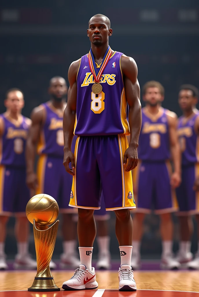 One basketball player with Lakers jersey with 8 number at back of jersey with harry name on jersey standing with usa 2012 basketball team with trophy at floor and with medal in neck from back side