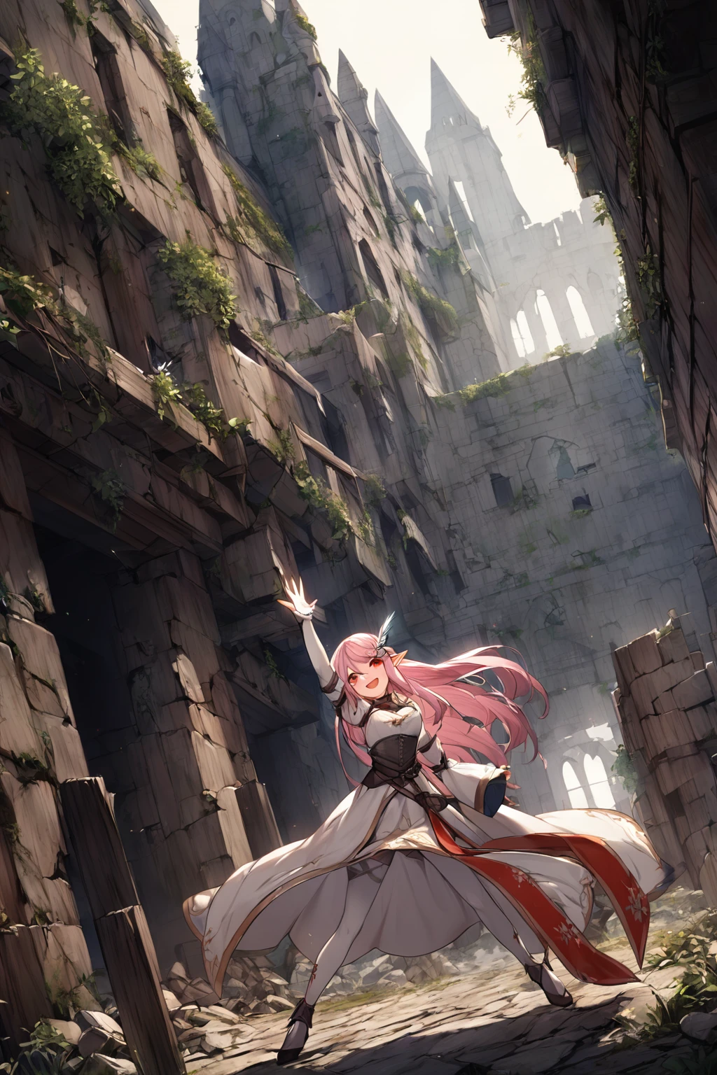 1 girl, Female Elf, , Long, straight pink hair, Medieval white clothing , Red eyes, smile,laugh,white skin,standing,ruin place background,((dynamic pose)),((dynamic angle)),