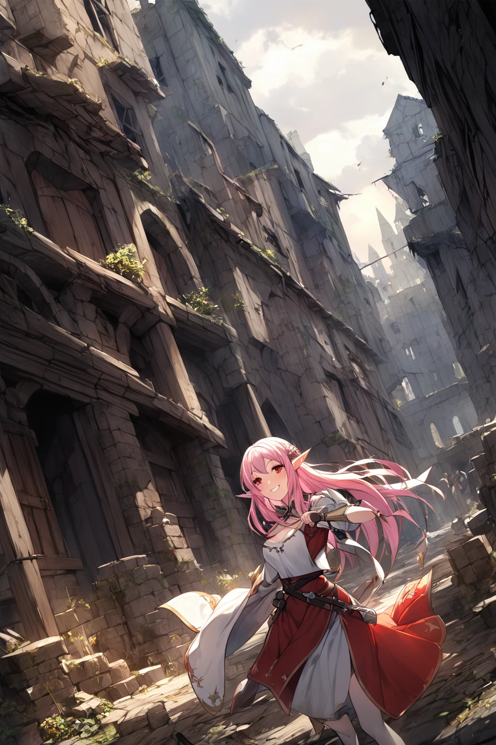 1 girl, Female Elf, , Long, straight pink hair, Medieval white clothing , Red eyes, smile,laugh,white skin,standing,ruin place background,((dynamic pose)),((dynamic angle)),