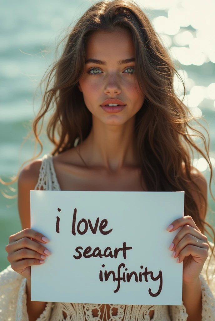 Beautiful girl with wavy long hair, bohemian dress, holding a white board with text "I Love Seaart Infinity" and showing it to the viewer