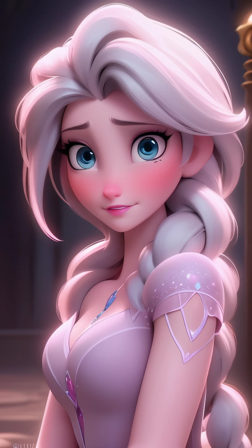 Elsa, (perky breasts), (((small breasts))), smirk:1.2, beautiful blue eyes, (perfect iris’s), depth of colour to her eyes, blonde hair, long hair, braid, full lips, blush, naked, she is showing her vagina, depth of field, bokeh, (special attention to skin detail: 1.2), masterpiece, best quality, ultra-detailed, ultra-HD, photorealistic, cinematic, ((mid camera shot)), sensual pose, alluring, nipples:1.4, looking up at camera, closeup on her face, her cheeks are blushed, 2, she is on her knees, eye contact:1.4, high angle:1.5, ((closeup on face)), perfect face, (((visible breasts))) bokeh everything other than her perfect face, location is Arendelle in winter, ice castle