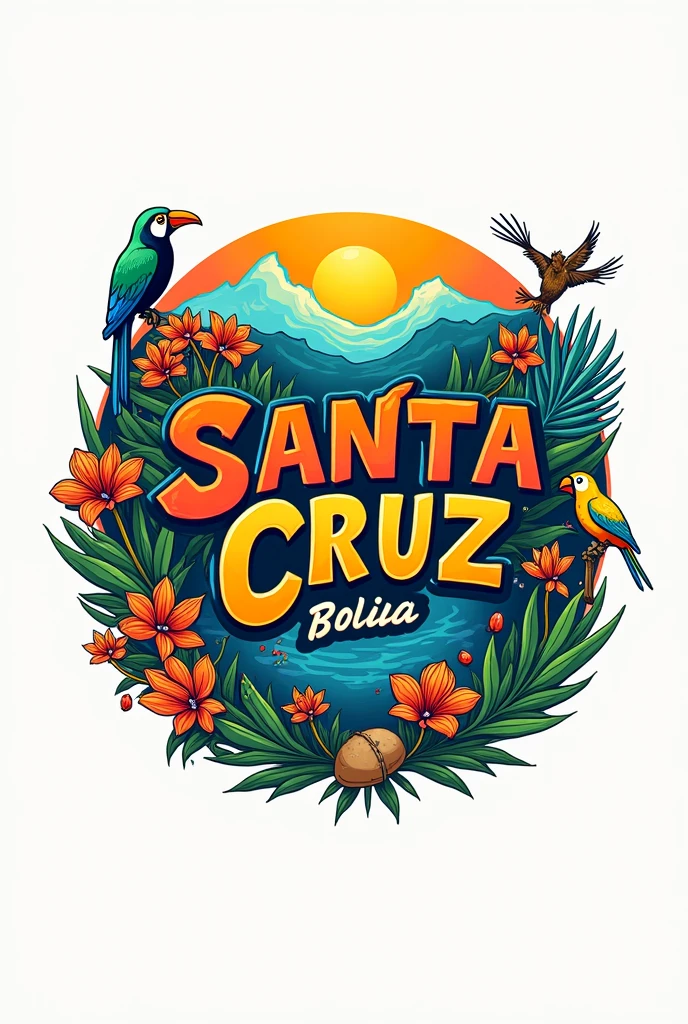 Logo inspired by Santa Cruz- Bolivia with characteristic things from Santa Cruz, food, bailes, Flora and fauna, exotic animals, and tourist places in Santa Cruz- Bolivia, with typography that says Santa Cruz but that looks like it was made by someone Santa Cruz Bolivia