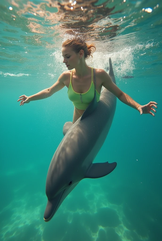 editorial photography,super detailed background,Super realistic,double exposure,depth of field,beauty super slender skinny face vides,soft focus tone,narrative scene,A free diving woman is swimming with a dolphin,The warm ocean of the south,A photo looking up from the interface,The sparkle of the sun is reflected on the water surface,floating in the water,pop colorfull swimming suit,from directly belowね