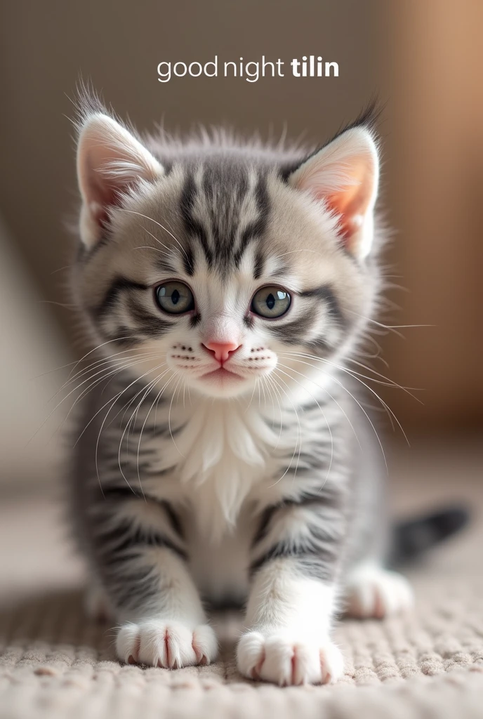 A photo of a realistic kitten with text that says good night tilin 