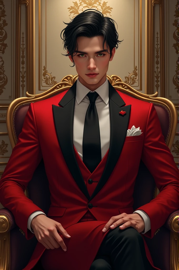 (Manhwa:3.2) Black Hair, Green Eyes, Handsome Face Red Suit, Black Tie, Royal Room Background, Sitting in a chair,