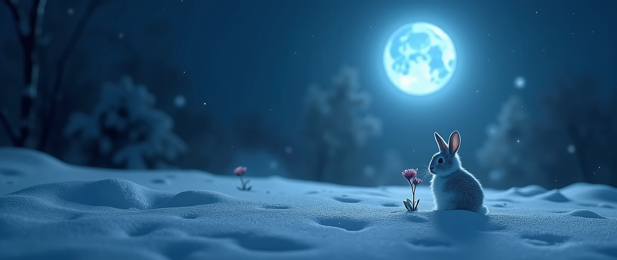 at very dark night the snow is falling and the snow is reflecting the light slightly of the beautiful blue moon, there is a small snow rabbit in the middle looking at the moon, footprints of the rabbit, 1beautiful wild flower blooming from under the snow, spring may come, very beautiful scenery,beautiful landscape,from above,use very limited colors,realistic photo by zoom lens, gold award nature photo,shot from long distance, mood of loneliness