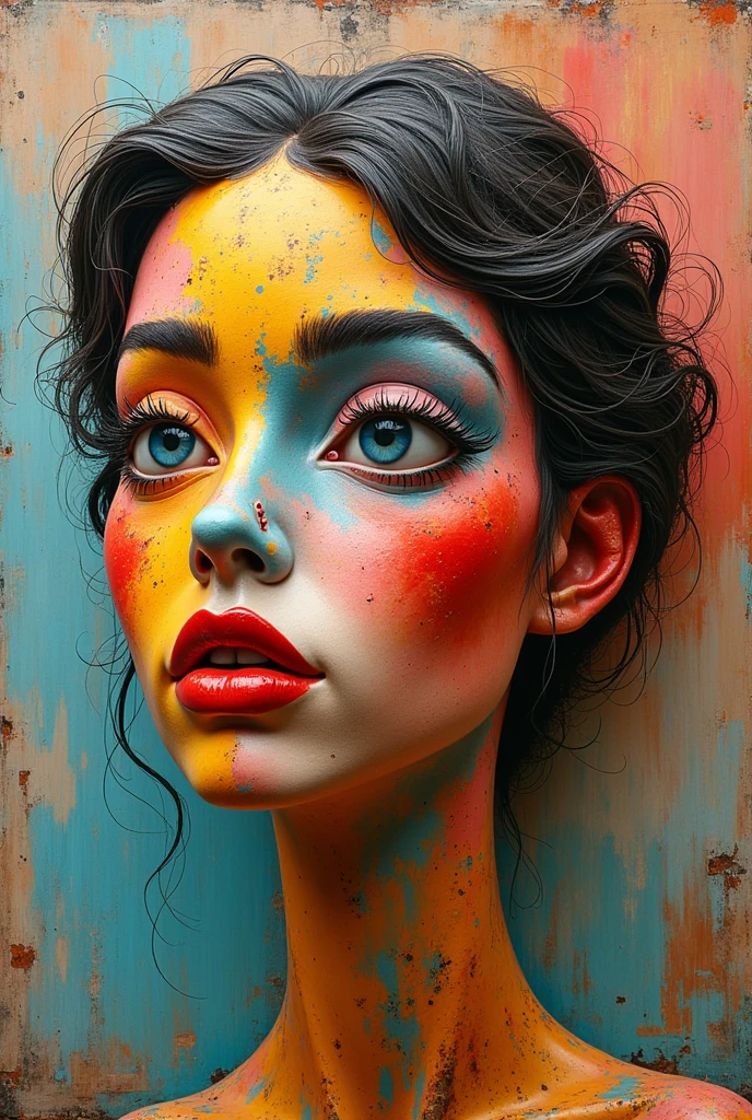 Expressionist artwork images of multiple floating ceramic heads of hispanic women, 3d collage style, make it weird and gallery worthy