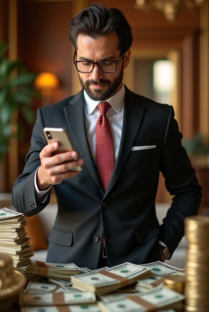 A man with a cell phone in his hand with a lot of money