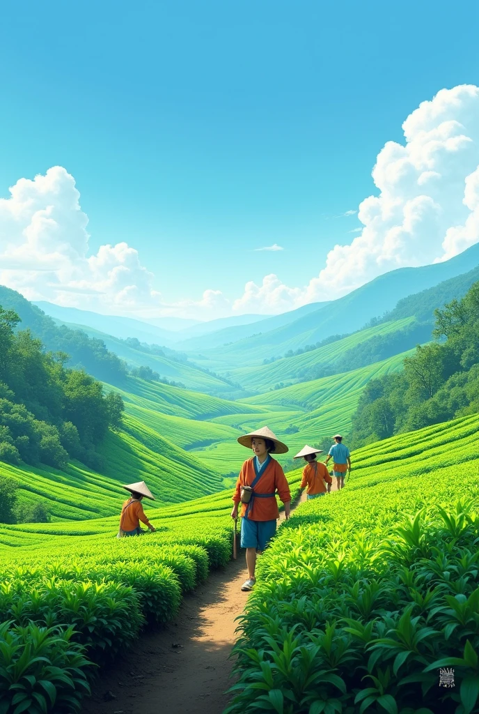 "A lush tea garden with rows of tea plants, where workers are picking tea leaves. In the distance, hills are visible, and the sky is clear blue."