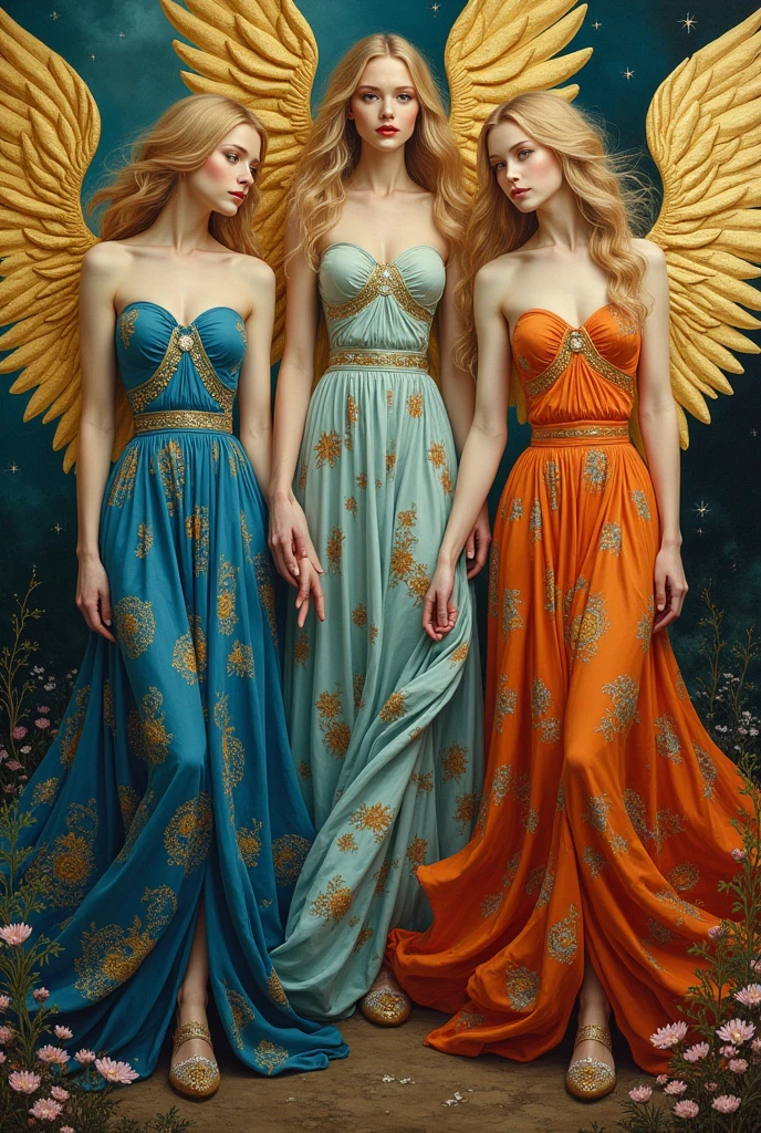 3 nordic woman (normas) with colorful dress with golden wings painting Gustav klimt