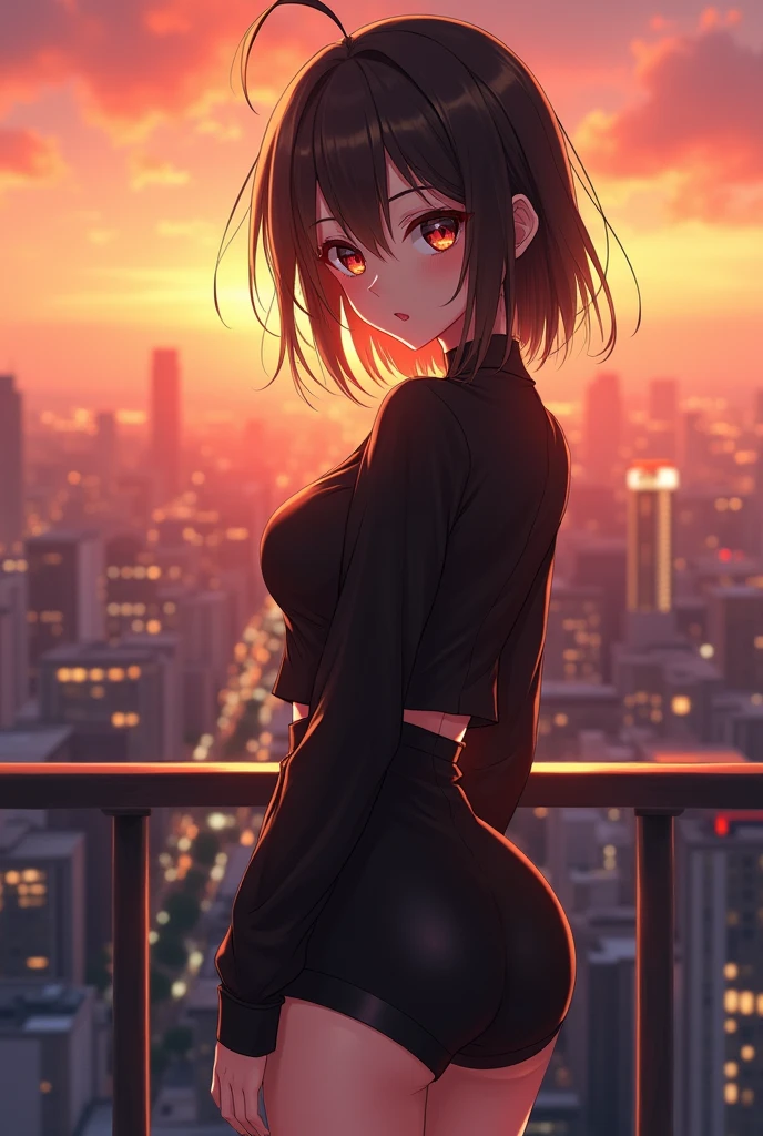 A very cute 1 anime girl with a sexy dark blouse and a sexy miniskirt,Her clothes are tight giving her a provocative figure,a sunset atmosphere ,background of a city as a view from above