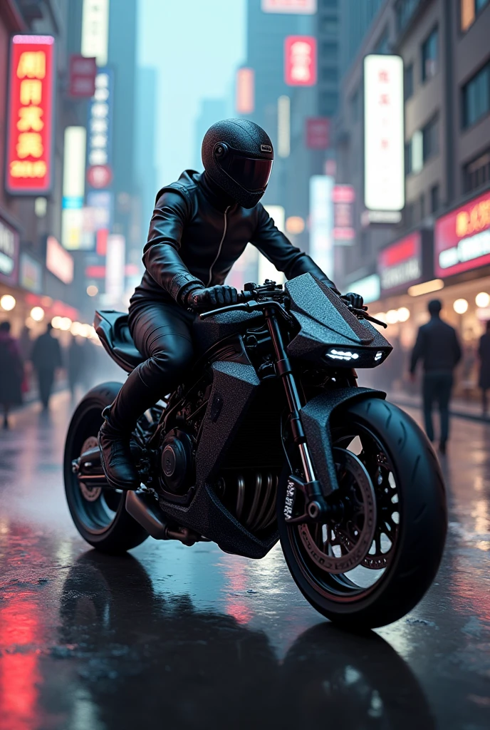 A rider with ninja bike in city arround by people 