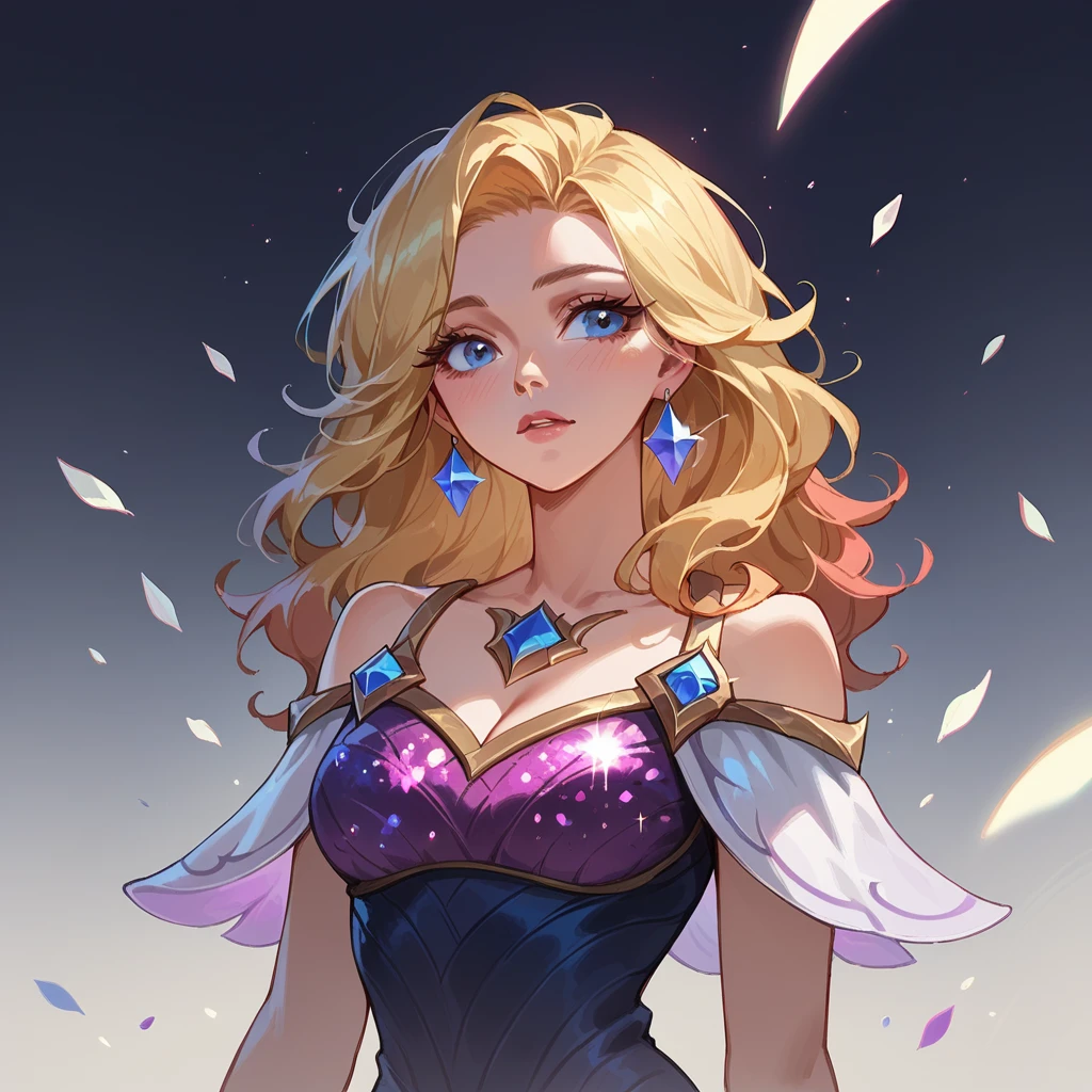 score_9, score_8_up, score_7_up, lux (league of legends), 1girl, blue eyes, sexy, full body, squinty eyes, earrings, wavy yellow hair, long eyelashes, glitter dress, big bust