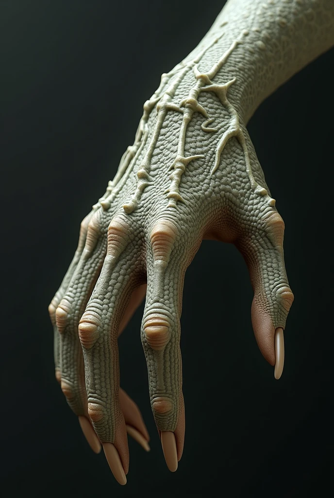 Female's hand is slightly streched and scales grow instead of skin. Color does not change. Hand also has huge webbed swim membranes between each finger and long, rounded up fingernails. 