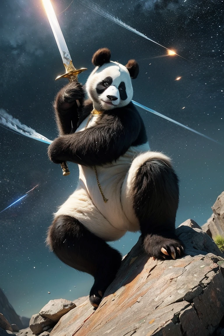 Highest quality, masterpiece, Realistic, High resolution, 8K RAW Photos, 1girl、Long Hair、goddess、Holding a decorated sword、Raise your sword、Glamour、(White bodysuit with panda motif、Gold Edge)、pendant、Earrings、(Action pose)、(On a rock on a planet where you can see a meteor shower)、(Many tentacles floating in the starry sky）、Panda Shield、Panda Missile、Panda Sword、Panda Armor、Attack with Panda、パンダの戦闘goddess、horn、