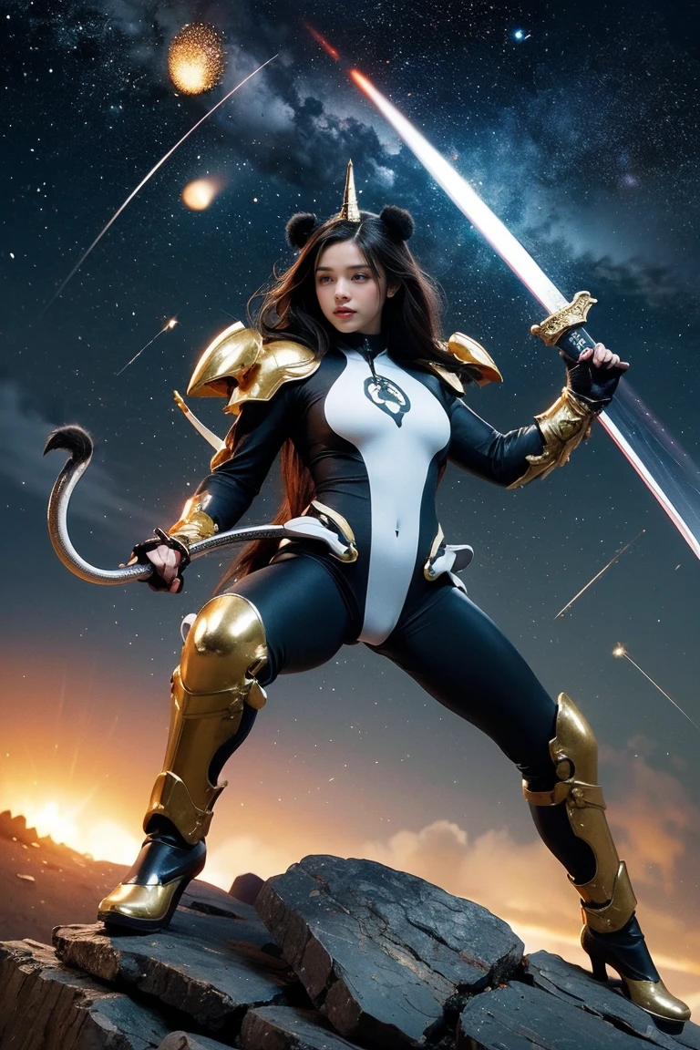 Highest quality, masterpiece, Realistic, High resolution, 8K RAW Photos, 1girl、Long Hair、goddess、Holding a decorated sword、Raise your sword、Glamour、(White bodysuit with panda motif、Gold Edge)、pendant、Earrings、(Action pose)、(On a rock on a planet where you can see a meteor shower)、(Many tentacles floating in the starry sky）、Panda Shield、Panda Missile、Panda Sword、Panda Armor、Attack with Panda、パンダの戦闘goddess、horn、