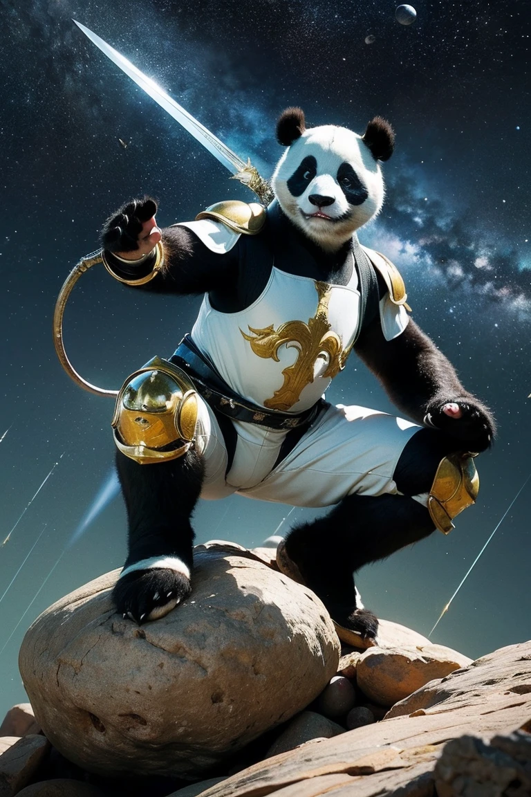 Highest quality, masterpiece, Realistic, High resolution, 8K RAW Photos, 1girl、Long Hair、goddess、Holding a decorated sword、Raise your sword、Glamour、(White bodysuit with panda motif、Gold Edge)、pendant、Earrings、(Action pose)、(On a rock on a planet where you can see a meteor shower)、(Many tentacles floating in the starry sky）、Panda Shield、Panda Missile、Panda Sword、Panda Armor、Attack with Panda、パンダの戦闘goddess、horn、